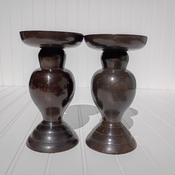 Vintage Candle Sticks Bronze Tone Heavy Metal Holders Taper Pillar Pair MCM - Picture 1 of 9